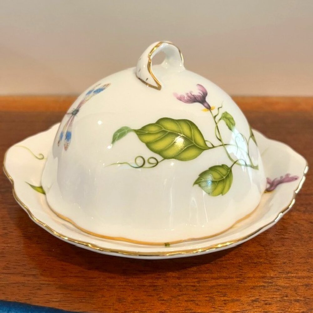 I. Godinger & Co. Jardin Porcelain Flower Butterfly Dragonfly Butter Dish
